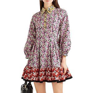 Valentino Colorblock Floral Pleated Shirt Dress Red Yellow Purple Collared IT 40